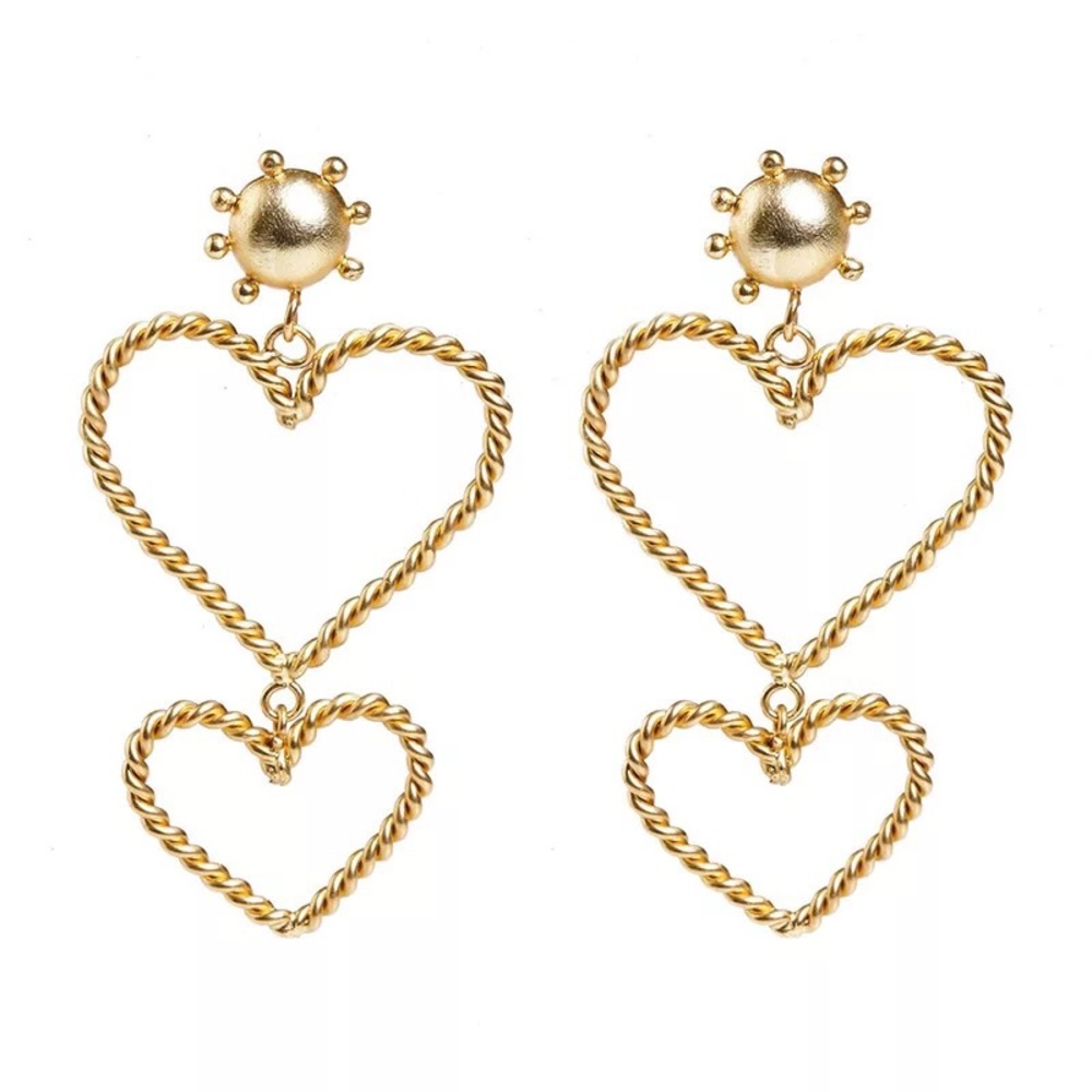 Gold Double Hearts Drop Earrings - Picture 4 of 5